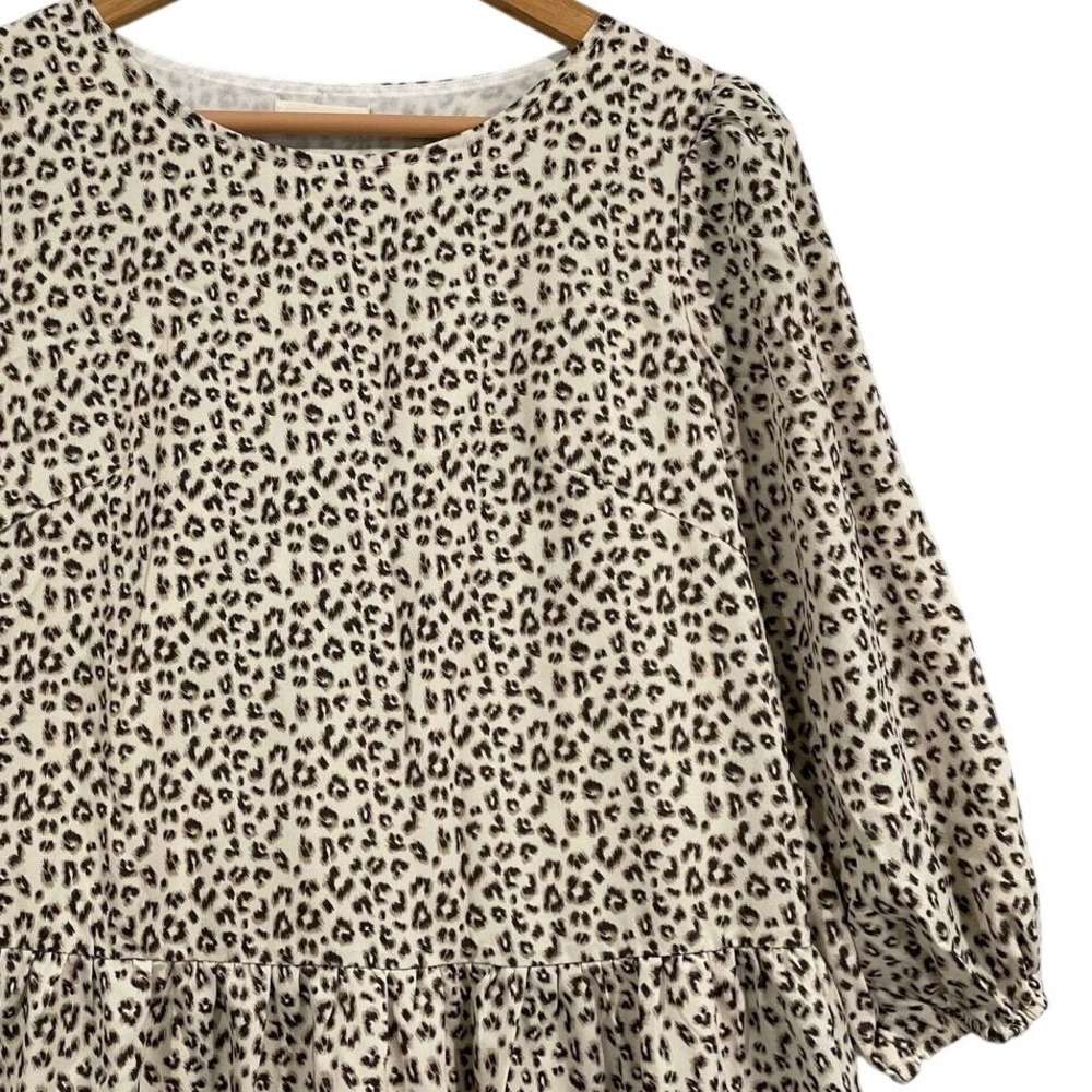 ANDTHEWHY‎ Leopard Print Tiered Mini Dress Casual 3/4 Sleeve Beige Size S